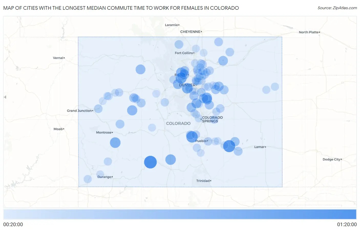 Cities with the Longest Median Commute Time to Work for Females in Colorado Map