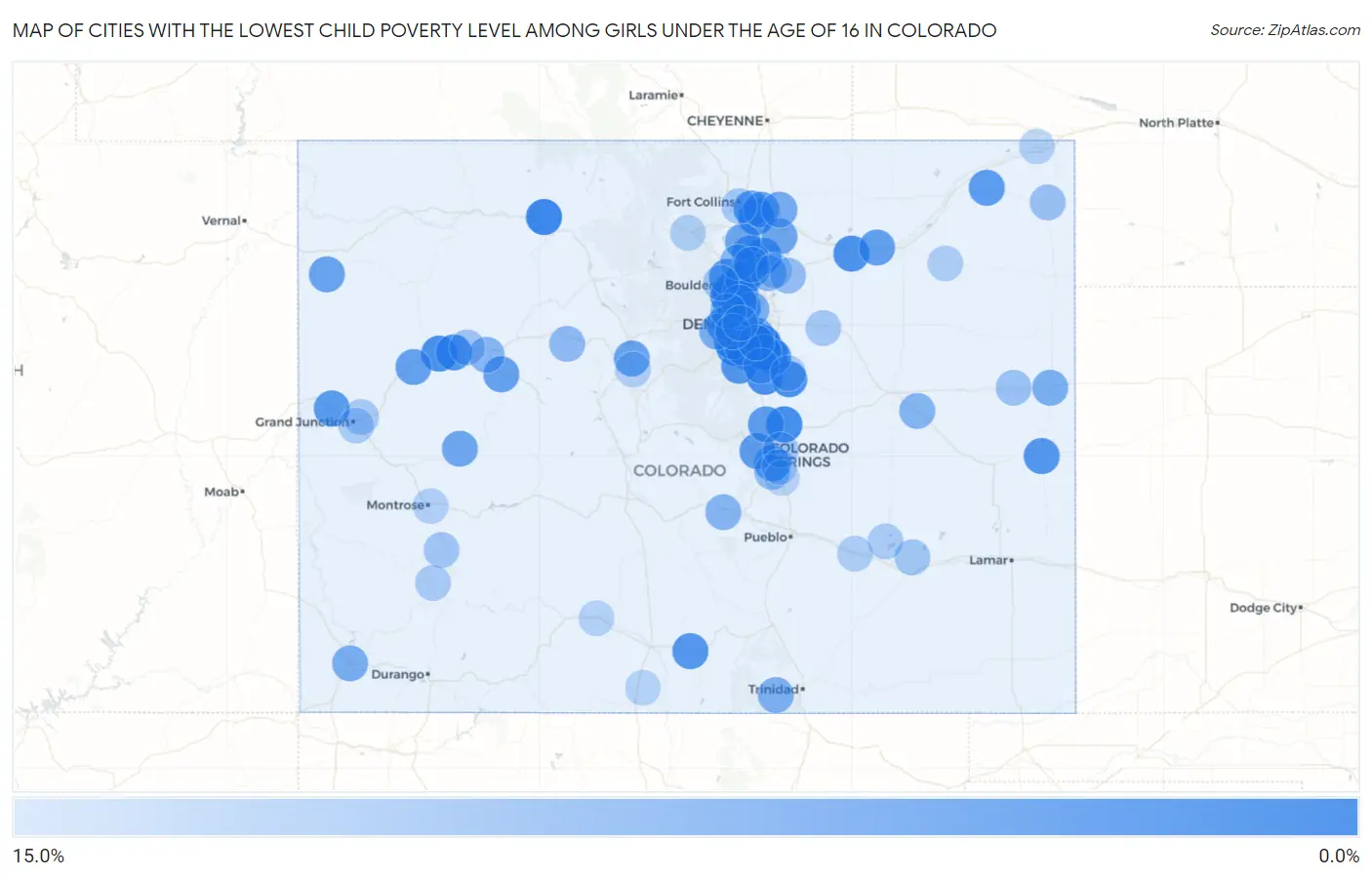 Cities with the Lowest Child Poverty Level Among Girls Under the Age of 16 in Colorado Map