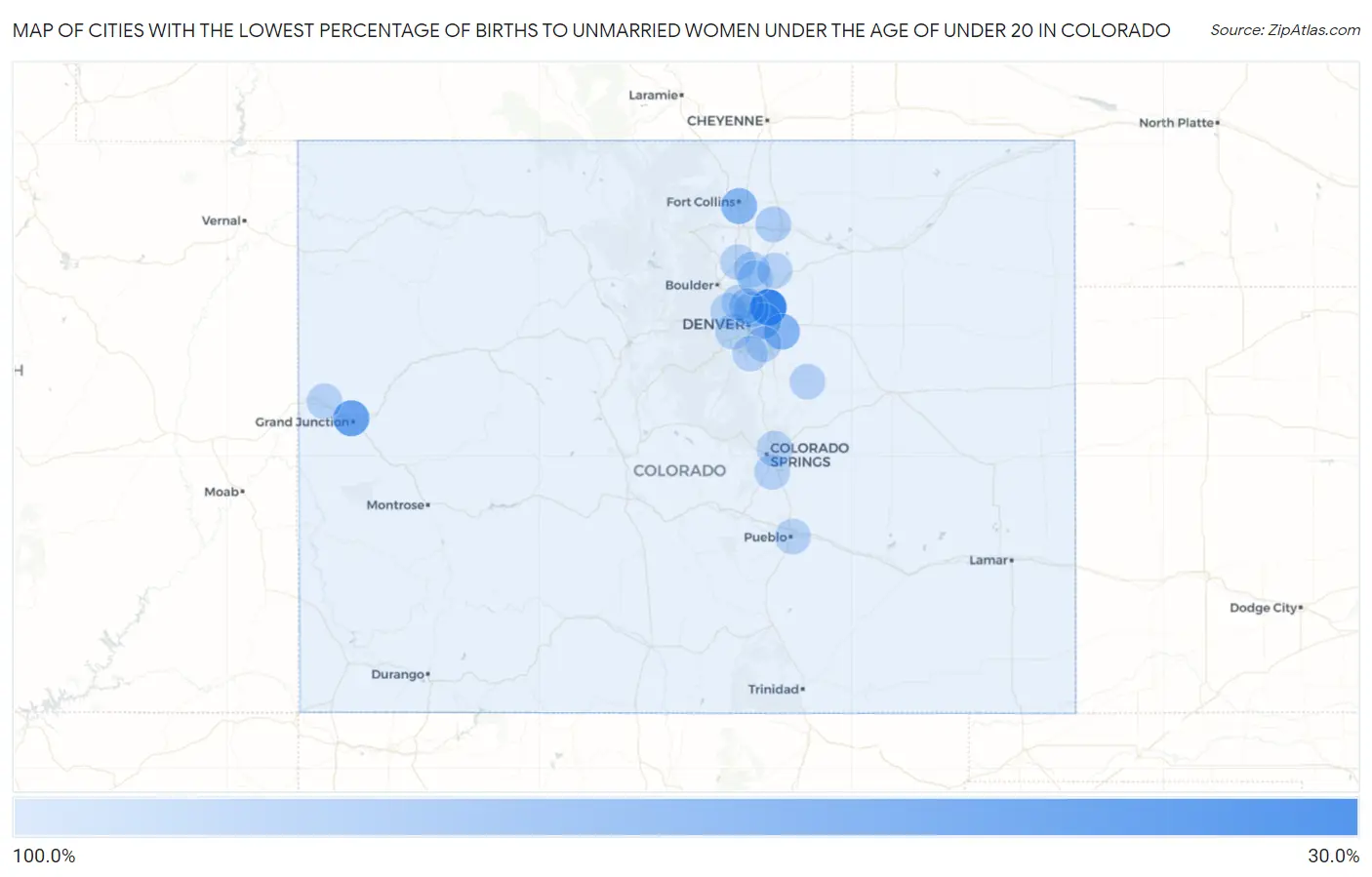 Cities with the Lowest Percentage of Births to Unmarried Women under the Age of under 20 in Colorado Map