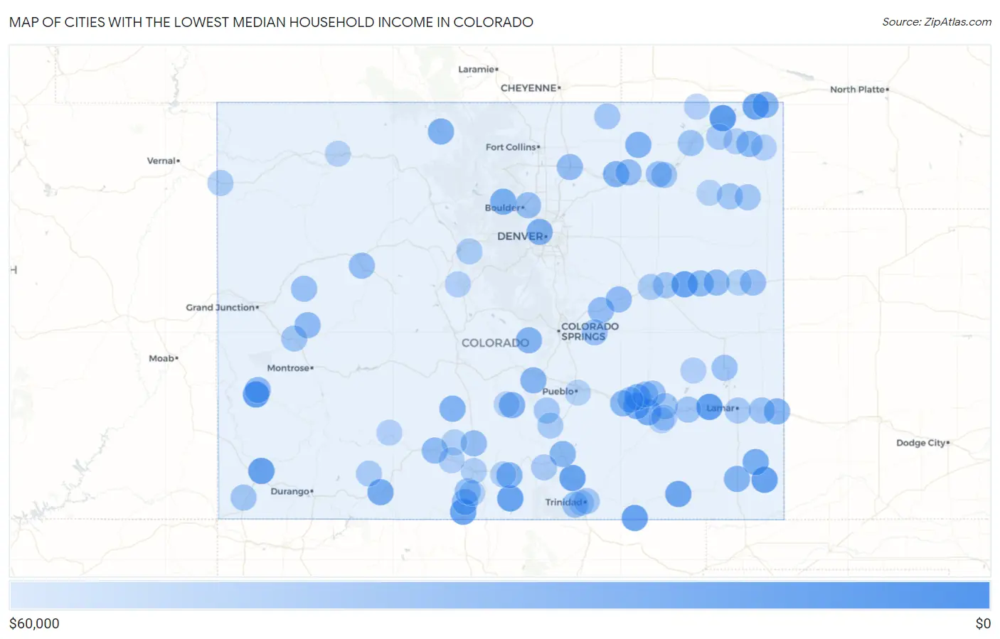 Cities with the Lowest Median Household Income in Colorado Map