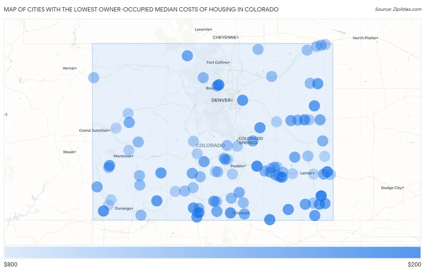 Cities with the Lowest Owner-Occupied Median Costs of Housing in Colorado Map