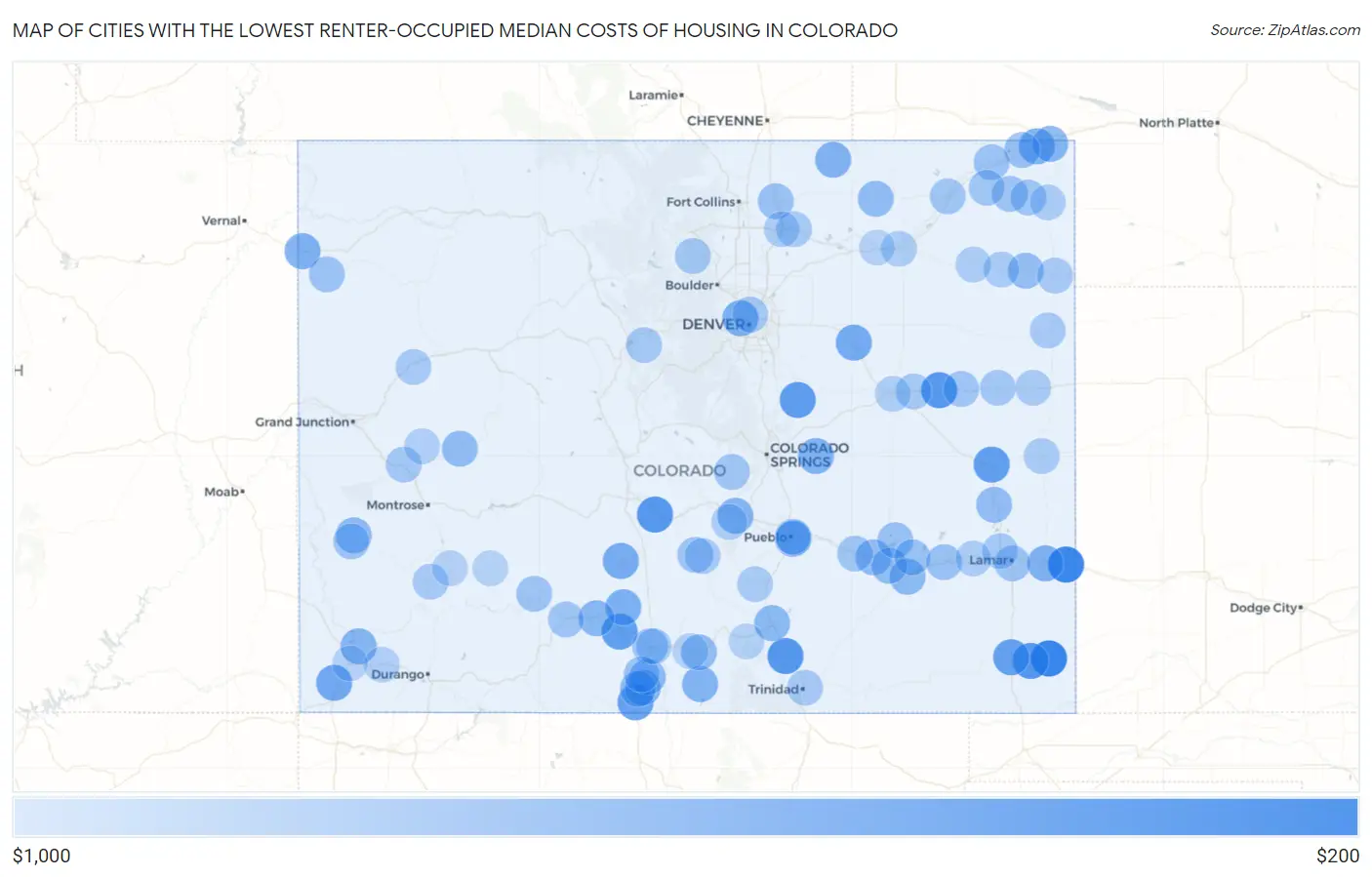 Cities with the Lowest Renter-Occupied Median Costs of Housing in Colorado Map