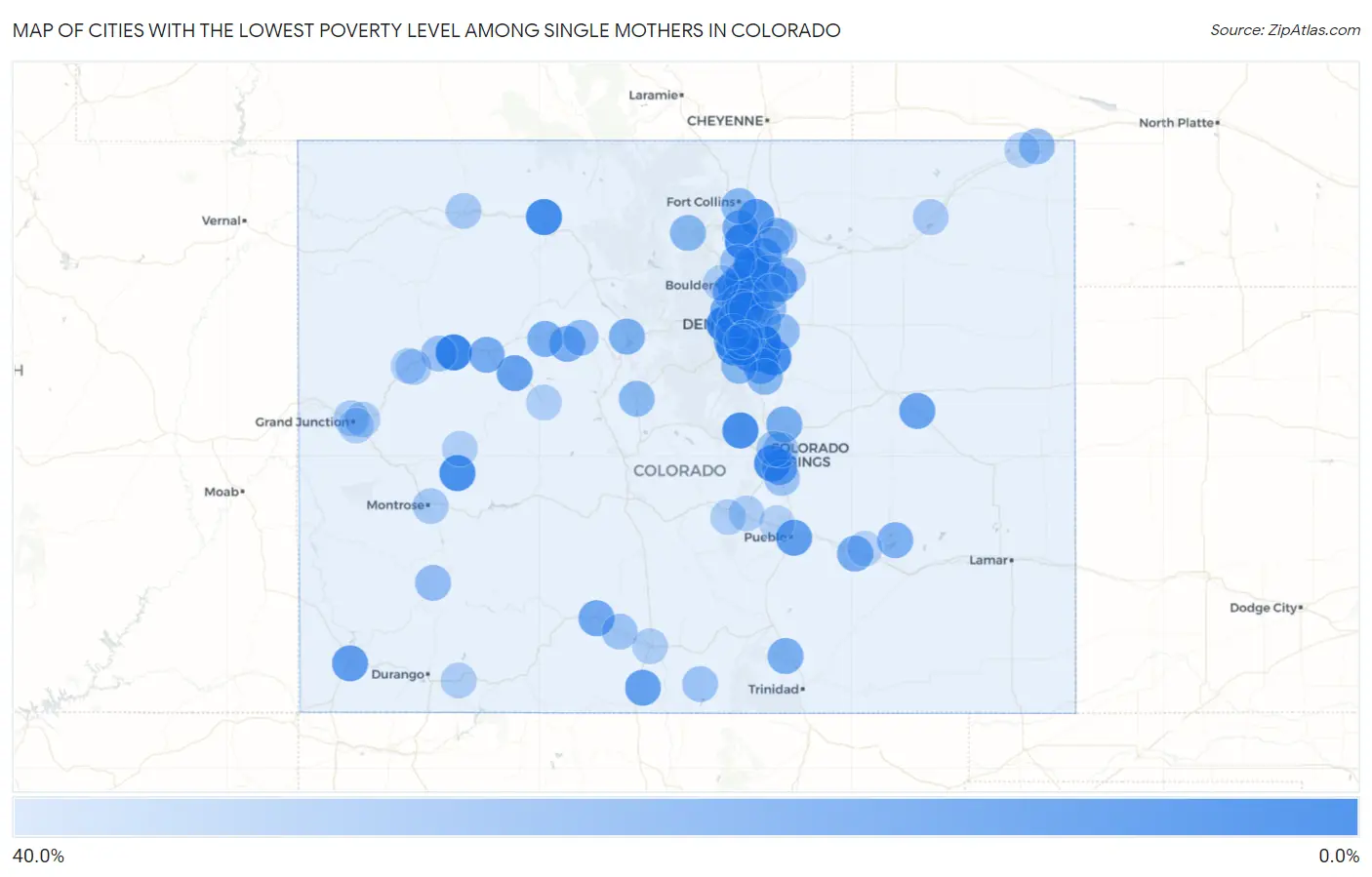 Cities with the Lowest Poverty Level Among Single Mothers in Colorado Map