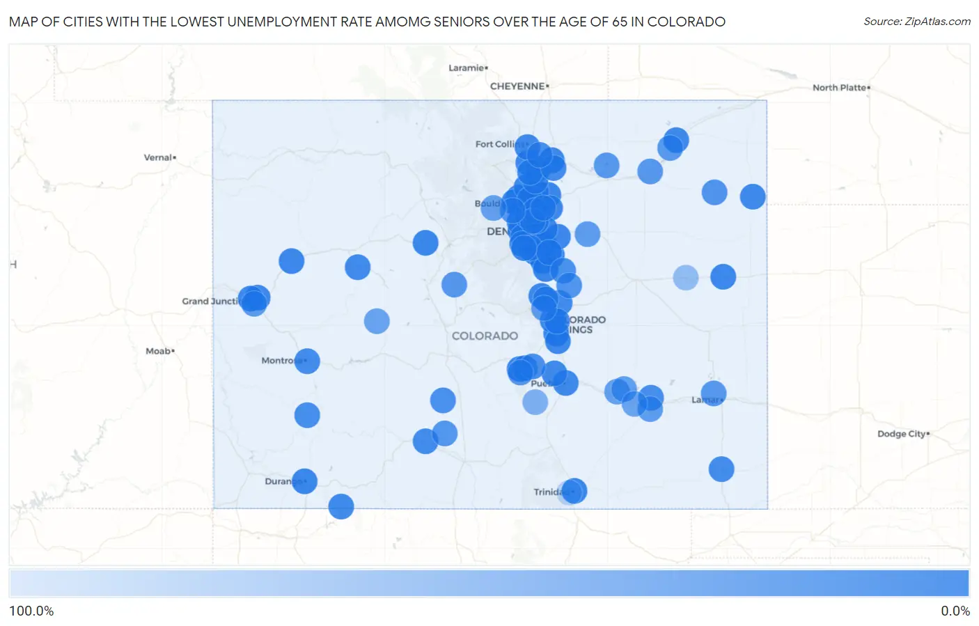 Cities with the Lowest Unemployment Rate Amomg Seniors Over the Age of 65 in Colorado Map