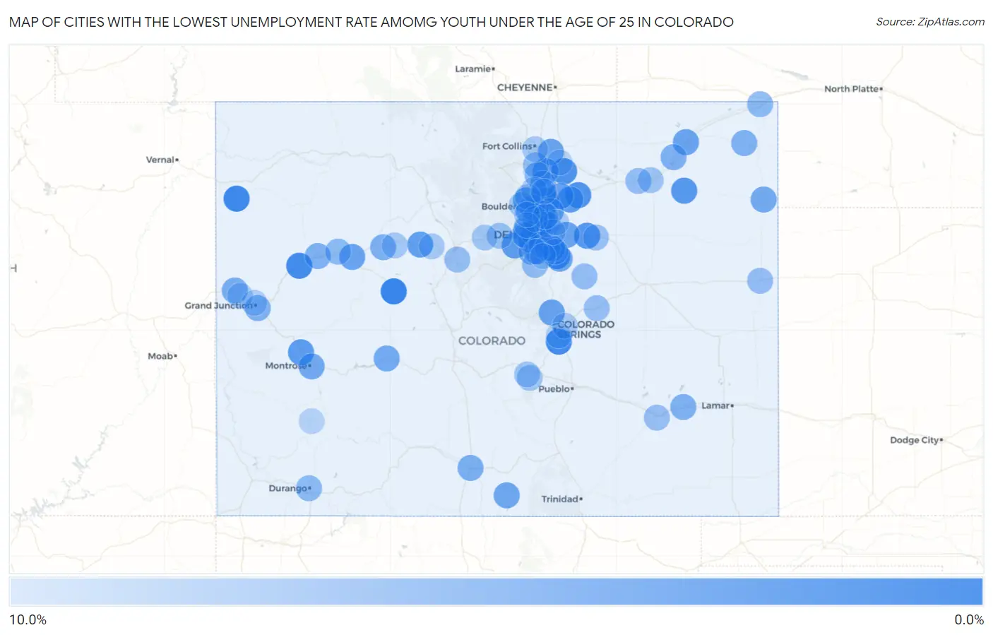 Cities with the Lowest Unemployment Rate Amomg Youth Under the Age of 25 in Colorado Map