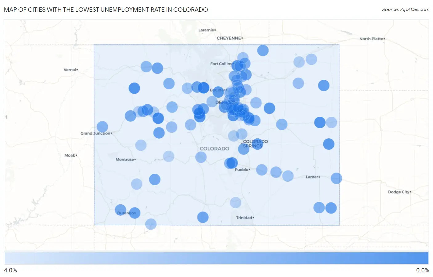 Cities with the Lowest Unemployment Rate in Colorado Map
