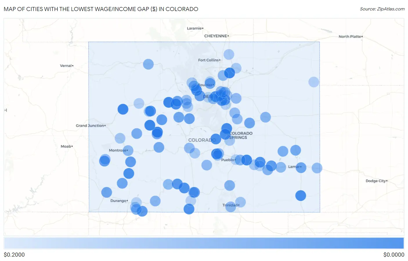 Cities with the Lowest Wage/Income Gap ($) in Colorado Map