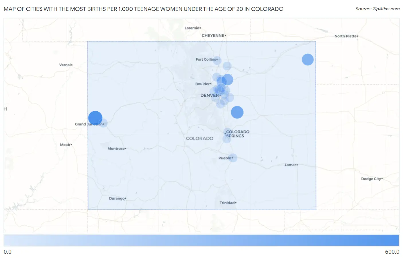 Cities with the Most Births per 1,000 Teenage Women Under the Age of 20 in Colorado Map
