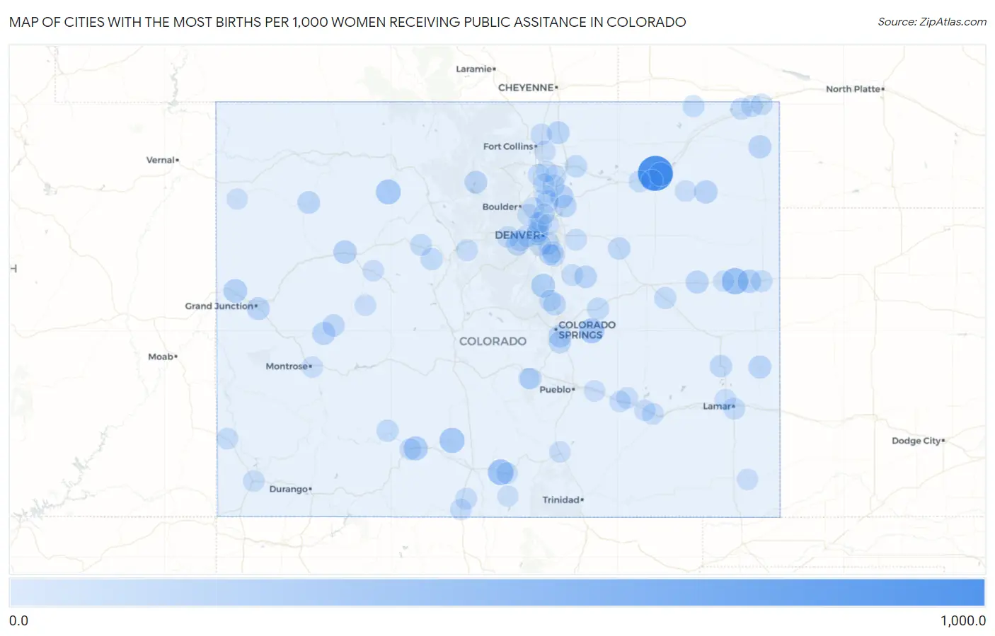 Cities with the Most Births per 1,000 Women Receiving Public Assitance in Colorado Map