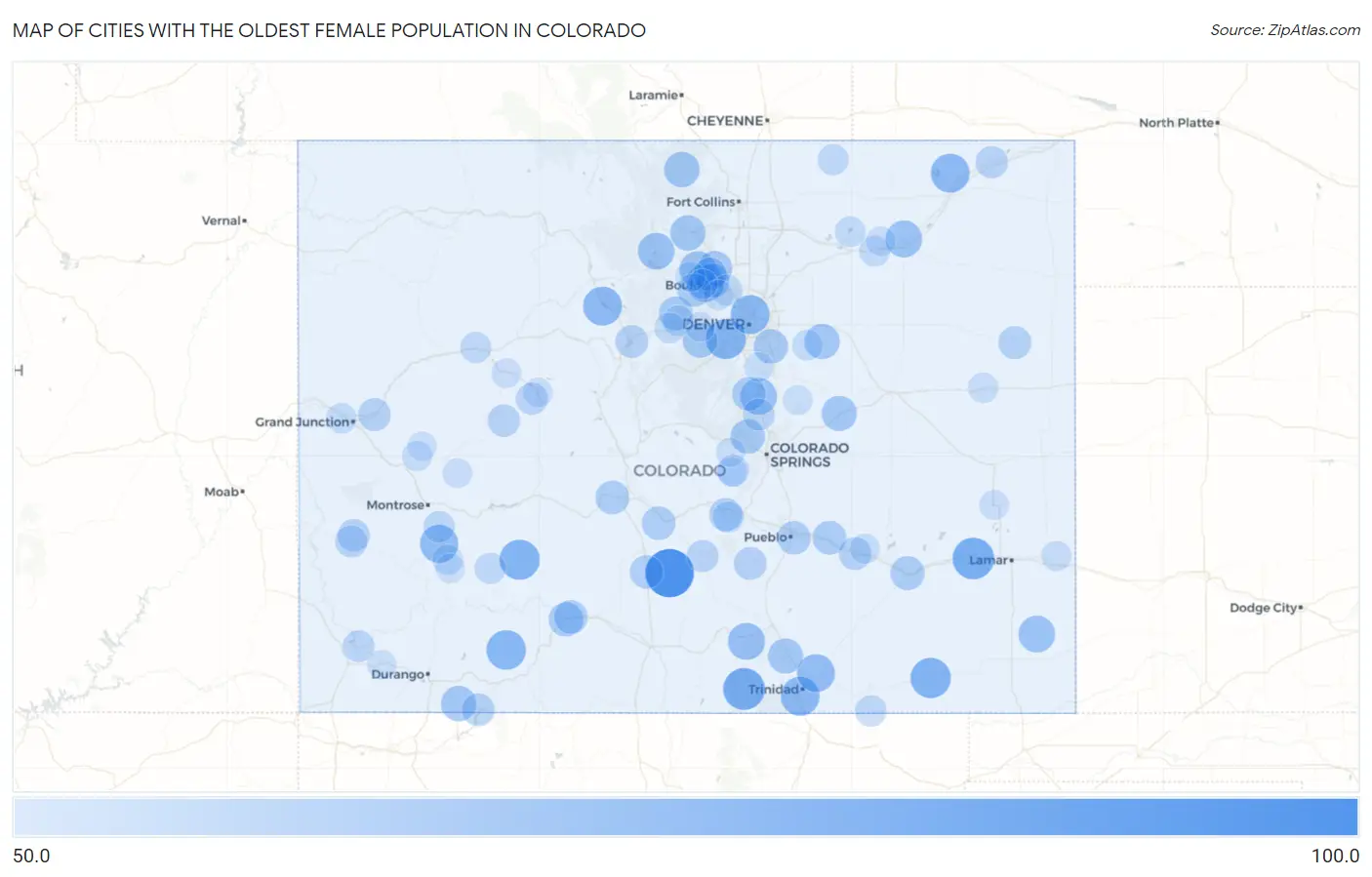 Cities with the Oldest Female Population in Colorado Map