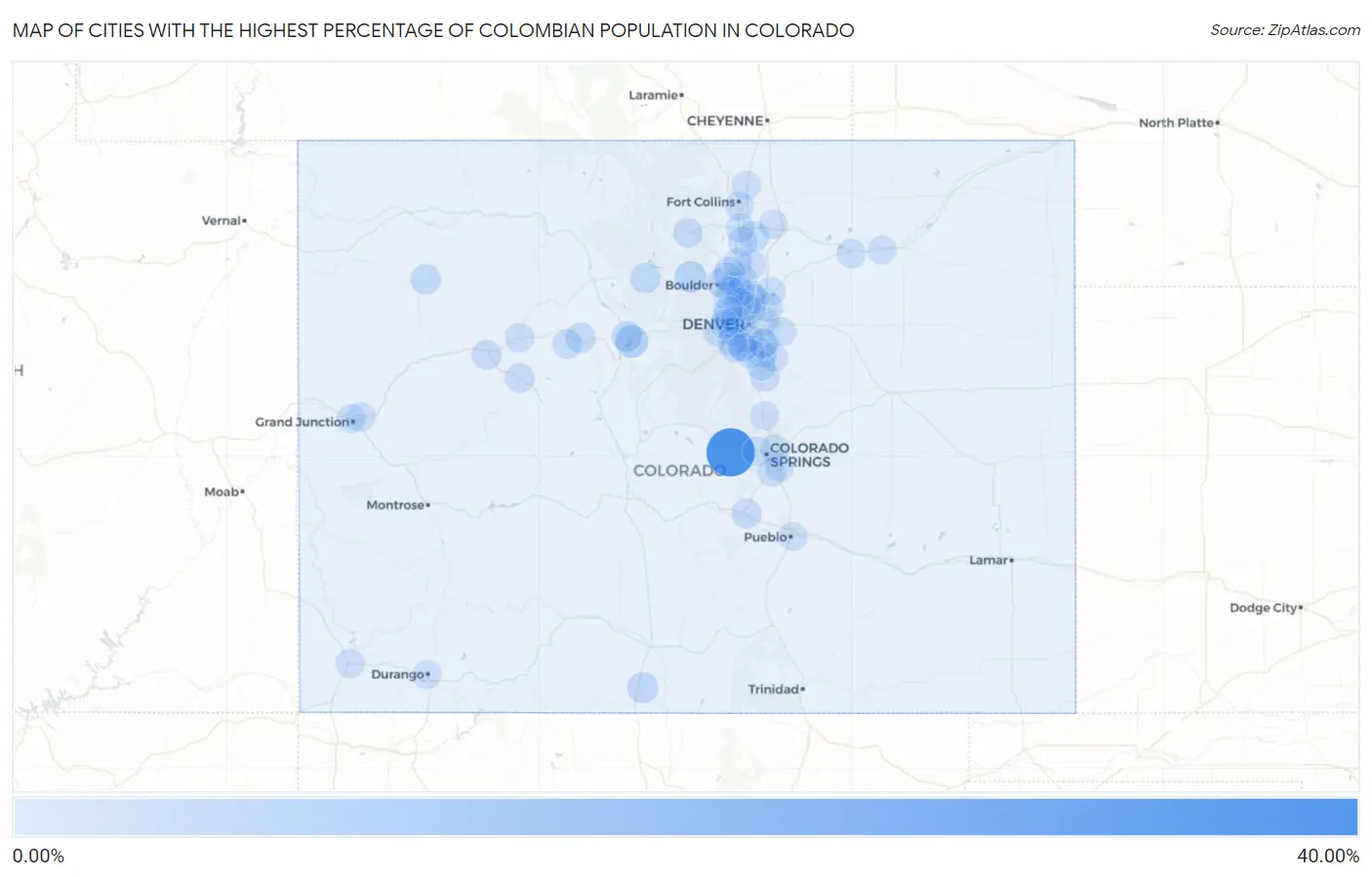 Cities with the Highest Percentage of Colombian Population in Colorado Map