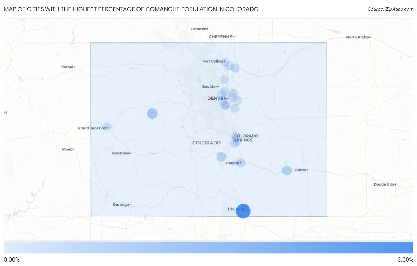 Cities with the Highest Percentage of Comanche Population in Colorado Map