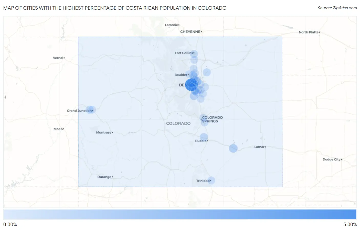 Cities with the Highest Percentage of Costa Rican Population in Colorado Map