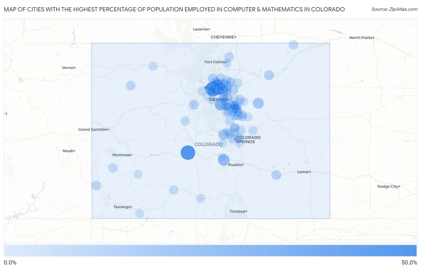 Cities with the Highest Percentage of Population Employed in Computer & Mathematics in Colorado Map