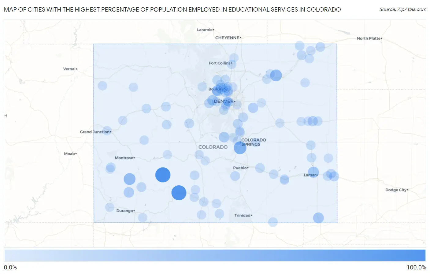 Cities with the Highest Percentage of Population Employed in Educational Services in Colorado Map