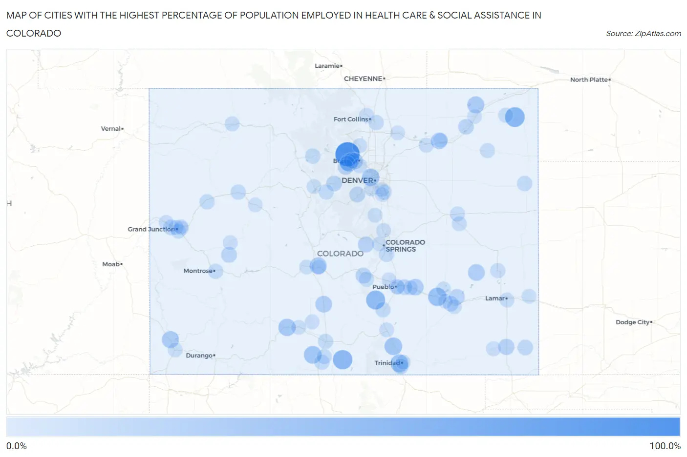 Cities with the Highest Percentage of Population Employed in Health Care & Social Assistance in Colorado Map