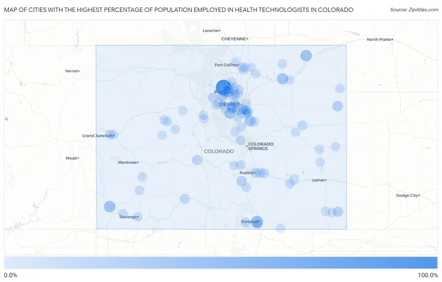 Cities with the Highest Percentage of Population Employed in Health Technologists in Colorado Map