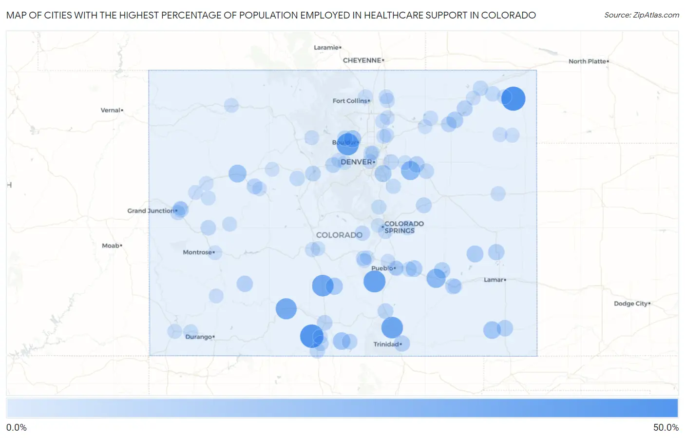 Cities with the Highest Percentage of Population Employed in Healthcare Support in Colorado Map