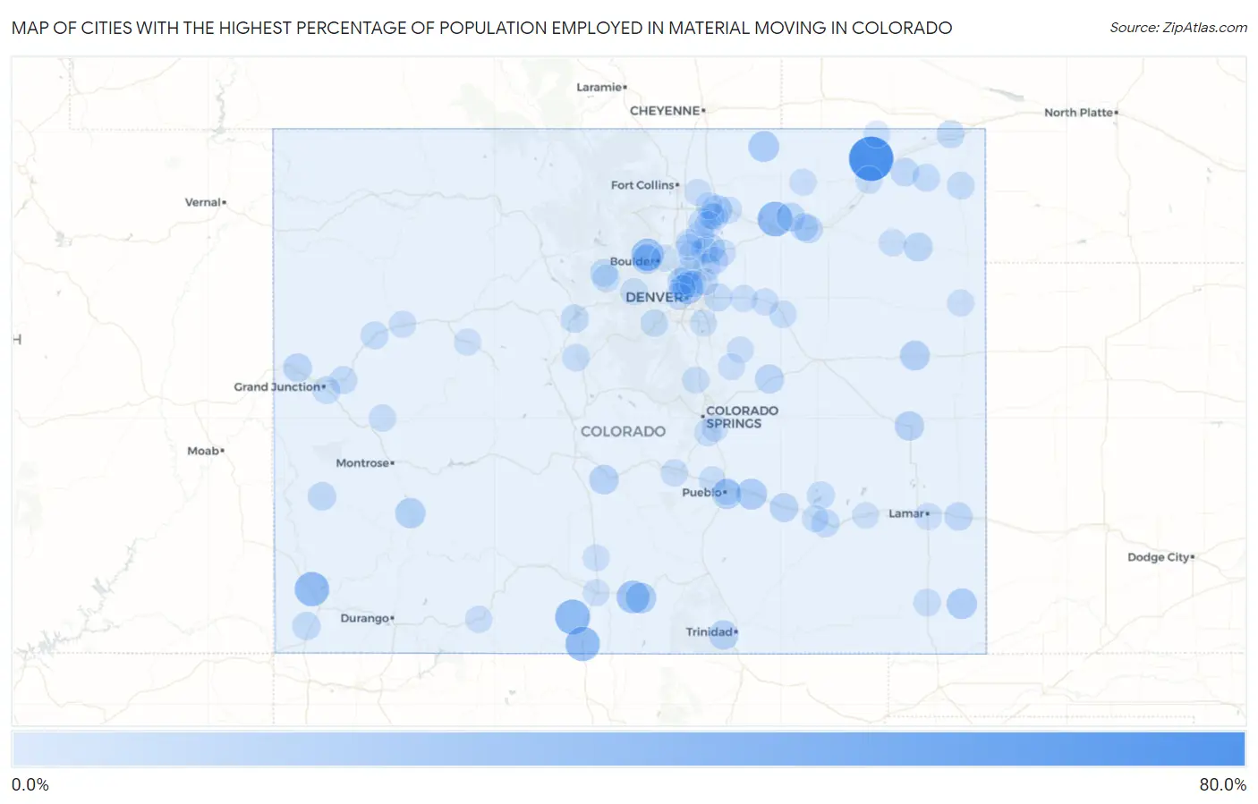 Cities with the Highest Percentage of Population Employed in Material Moving in Colorado Map