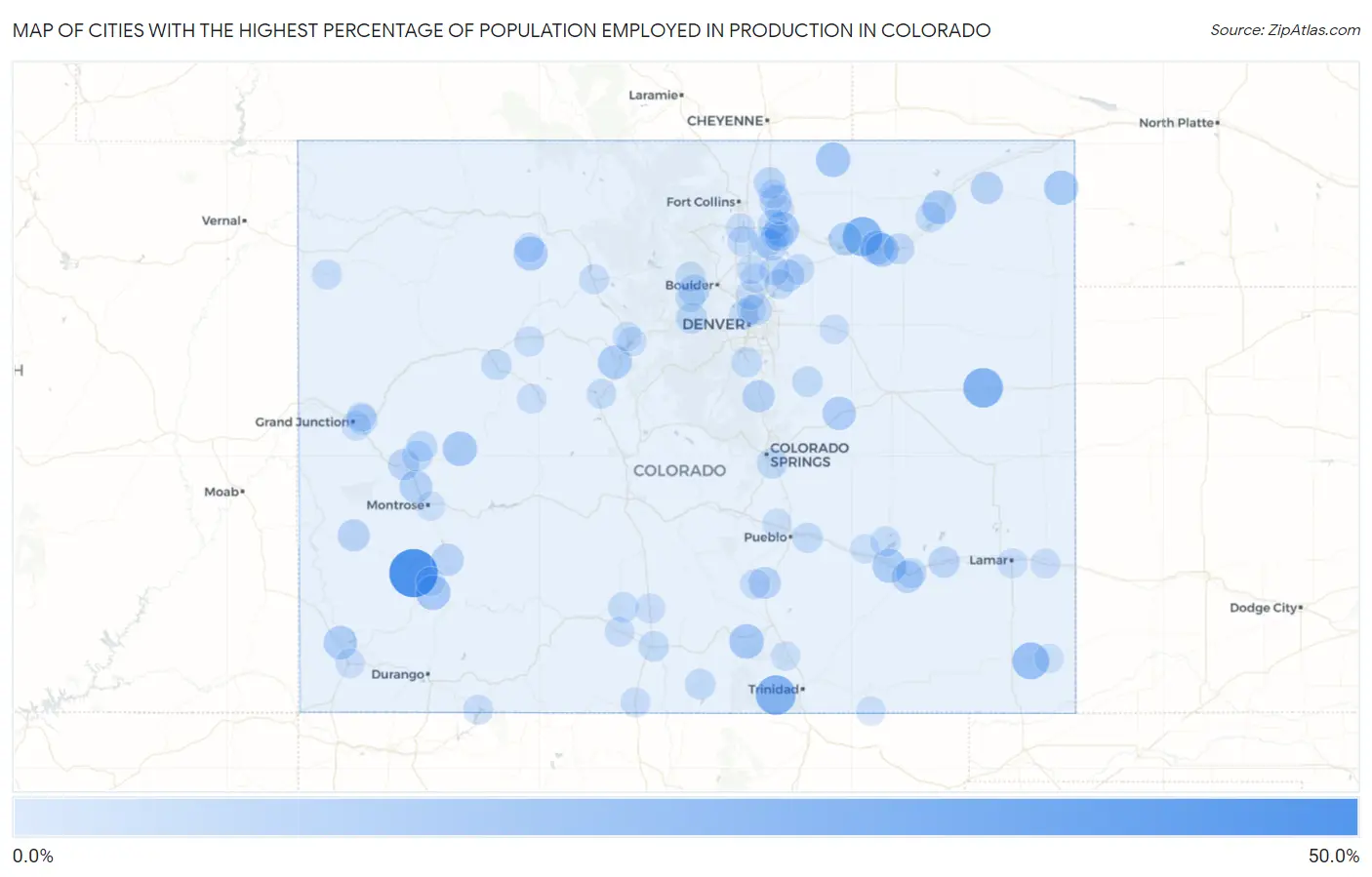 Cities with the Highest Percentage of Population Employed in Production in Colorado Map