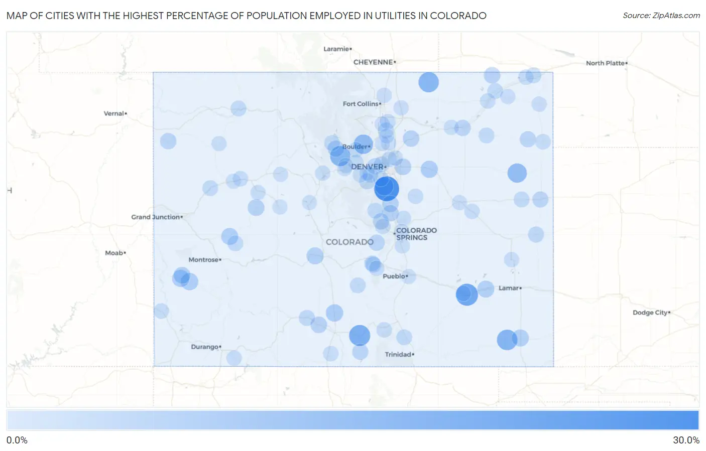 Cities with the Highest Percentage of Population Employed in Utilities in Colorado Map