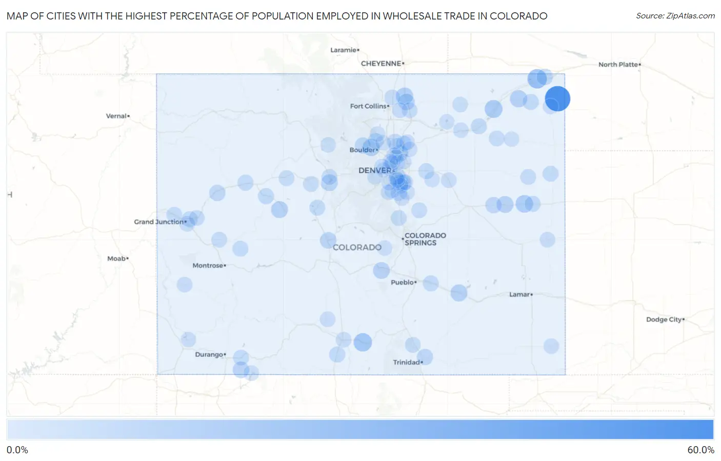 Cities with the Highest Percentage of Population Employed in Wholesale Trade in Colorado Map