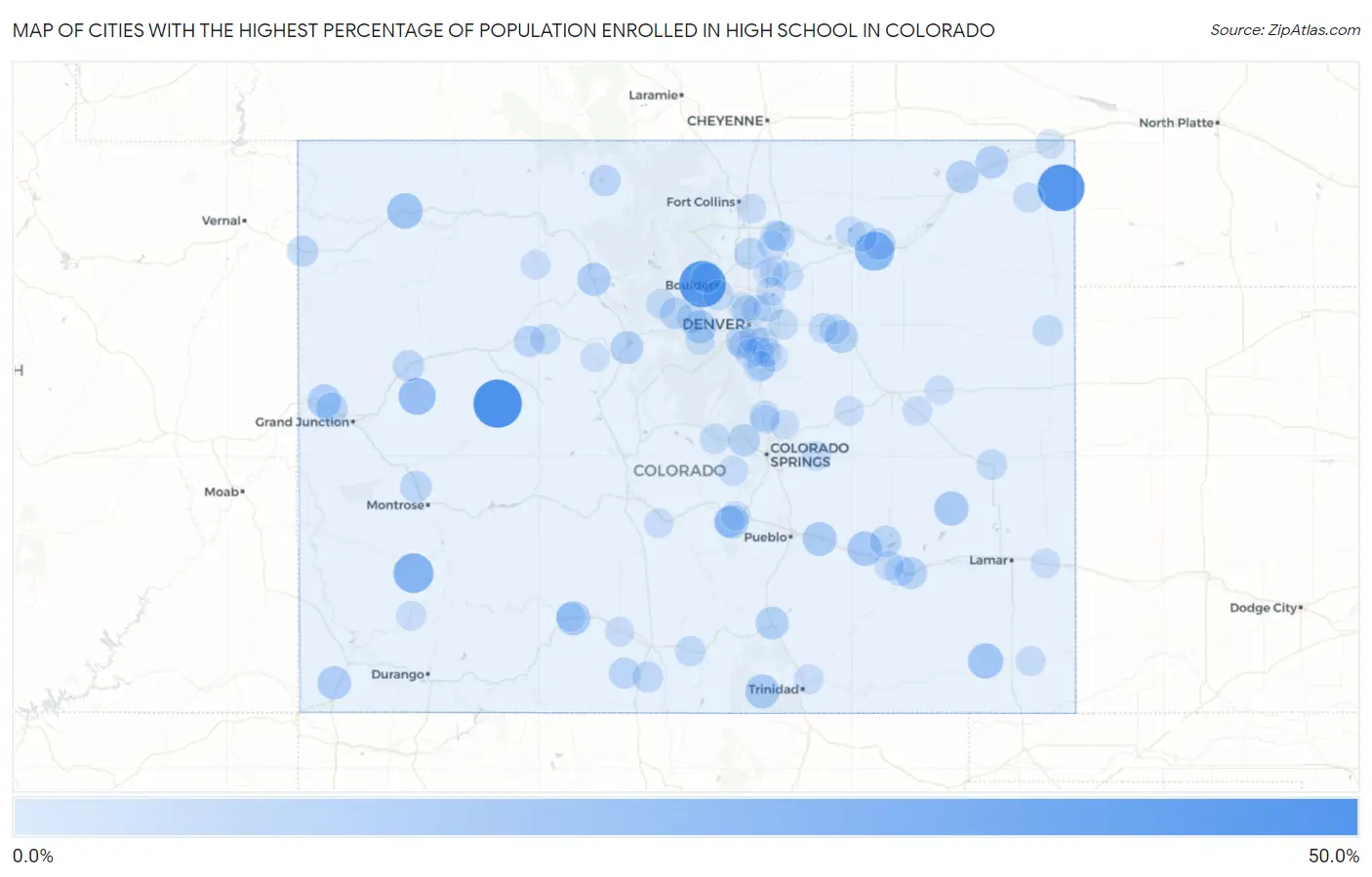 Cities with the Highest Percentage of Population Enrolled in High School in Colorado Map