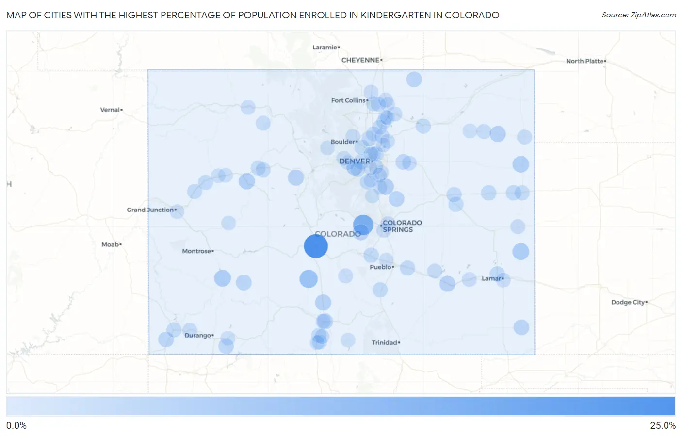 Cities with the Highest Percentage of Population Enrolled in Kindergarten in Colorado Map