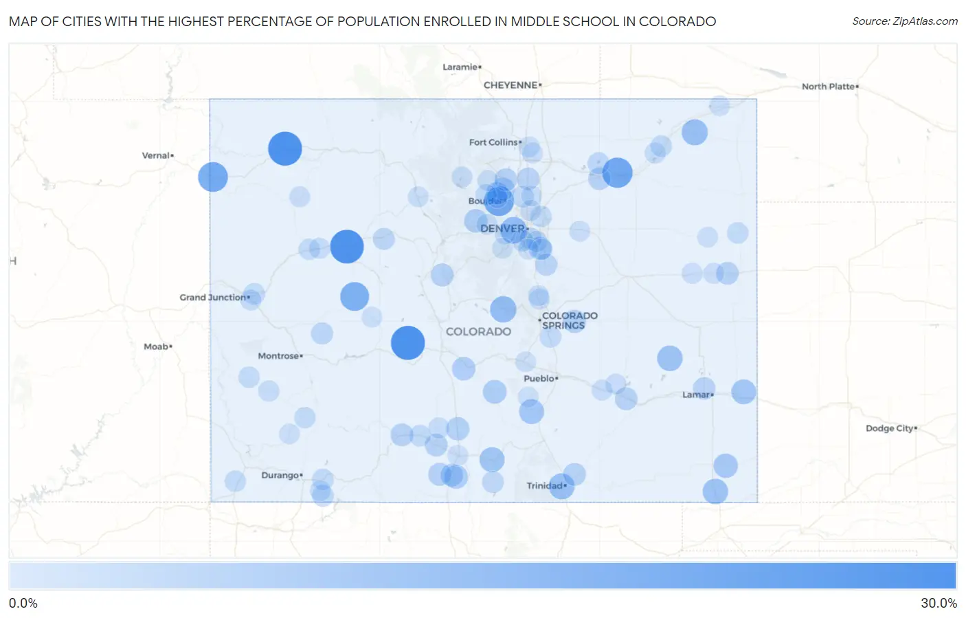Cities with the Highest Percentage of Population Enrolled in Middle School in Colorado Map
