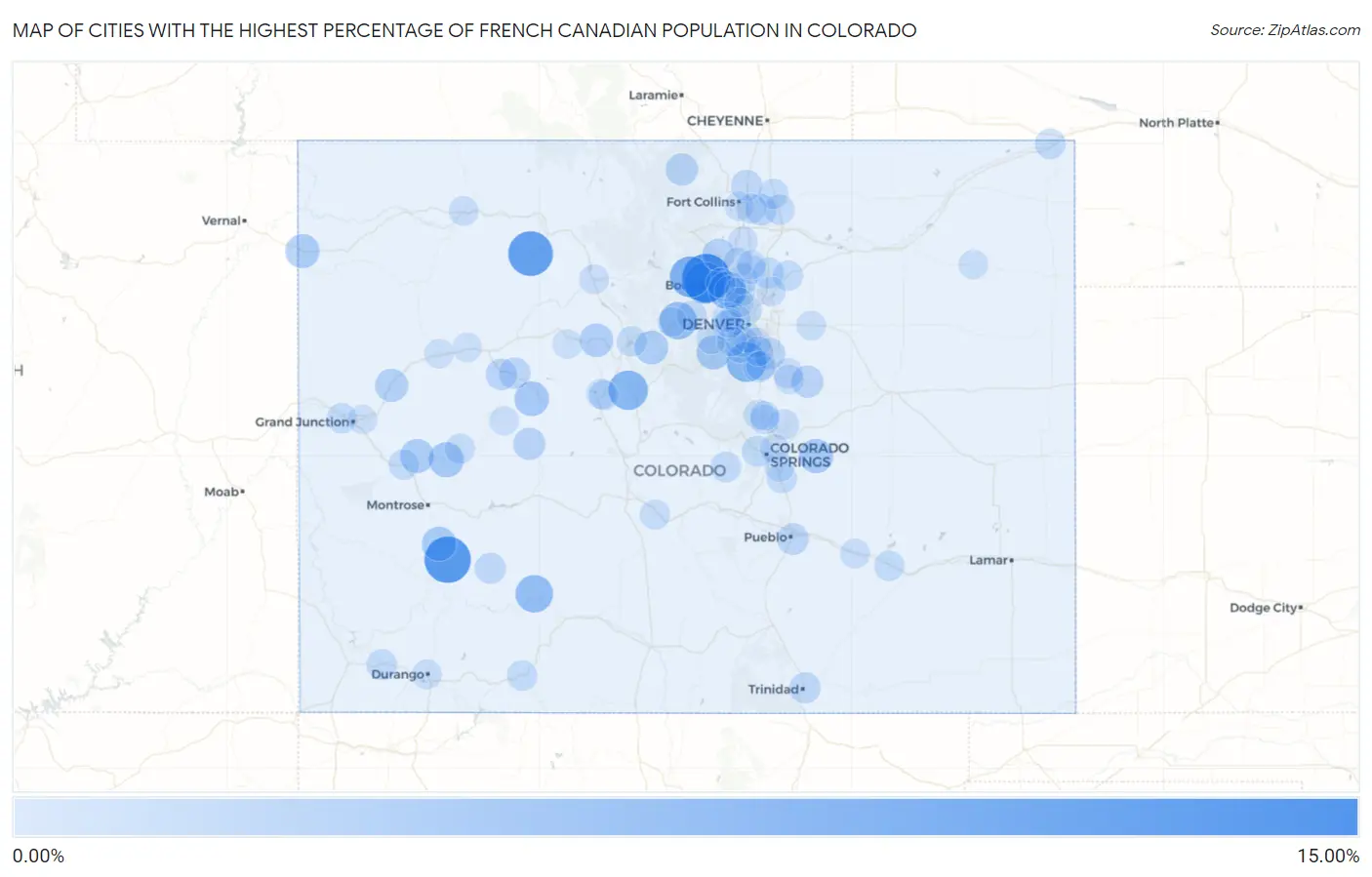 Cities with the Highest Percentage of French Canadian Population in Colorado Map