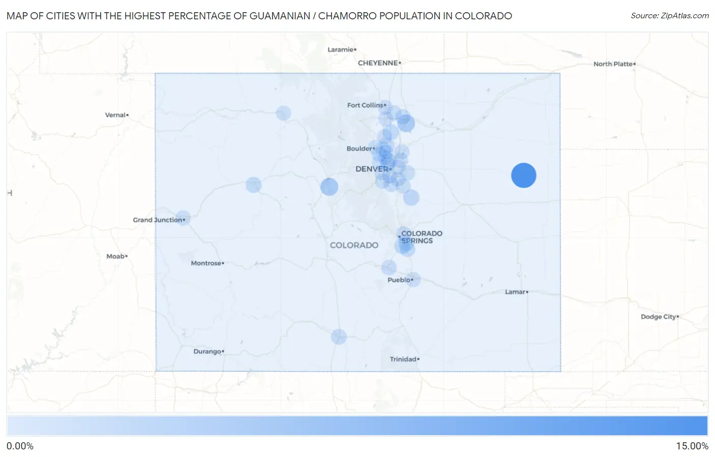 Cities with the Highest Percentage of Guamanian / Chamorro Population in Colorado Map