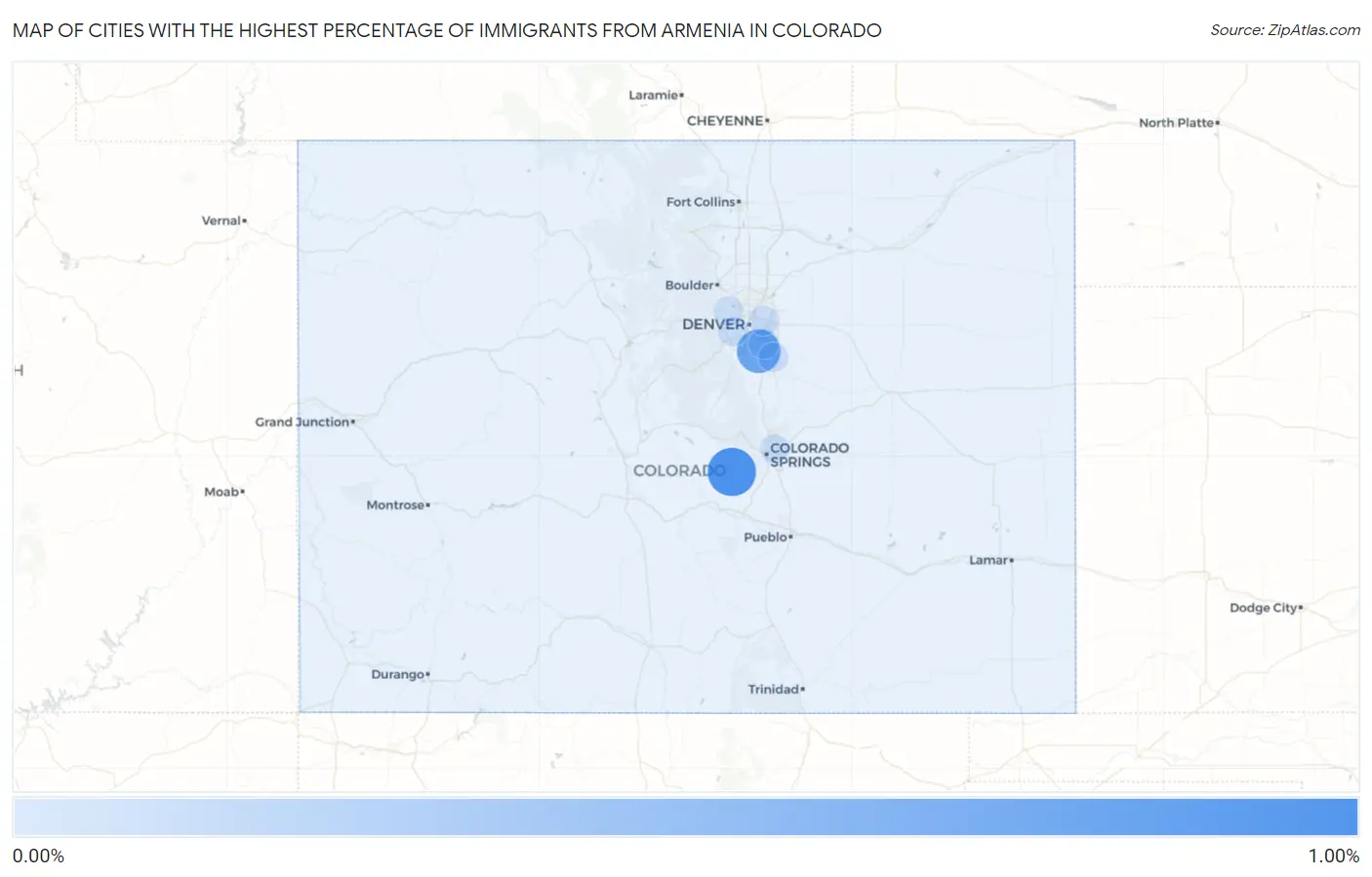 Cities with the Highest Percentage of Immigrants from Armenia in Colorado Map