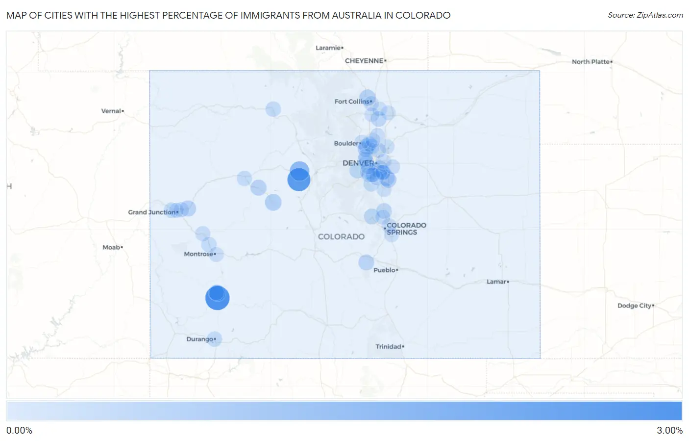 Cities with the Highest Percentage of Immigrants from Australia in Colorado Map