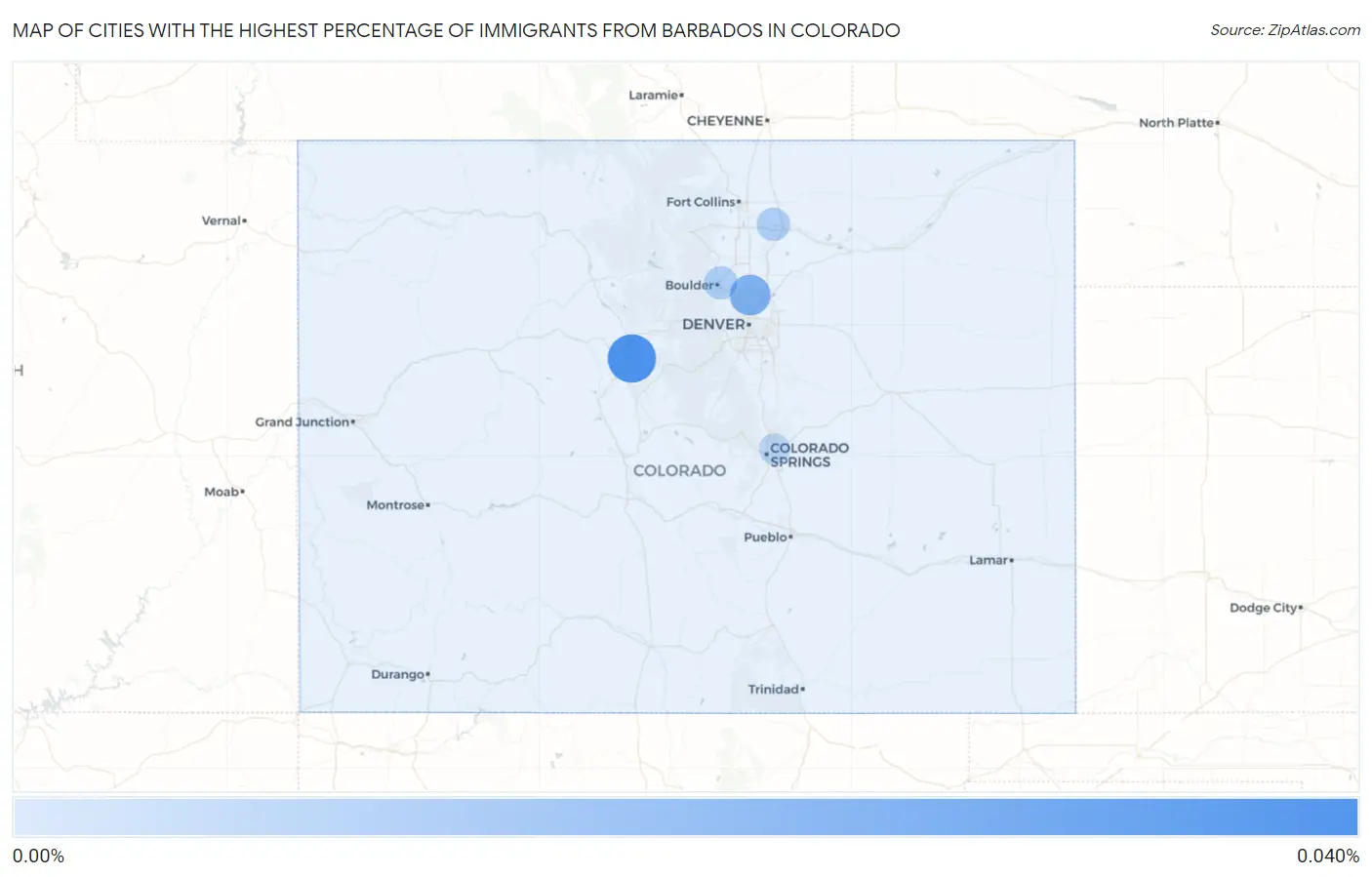 Cities with the Highest Percentage of Immigrants from Barbados in Colorado Map