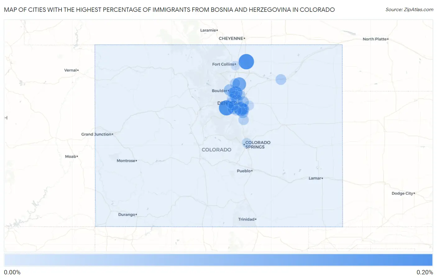 Cities with the Highest Percentage of Immigrants from Bosnia and Herzegovina in Colorado Map
