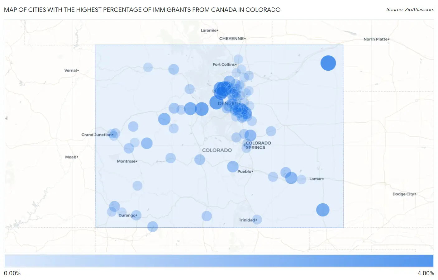 Cities with the Highest Percentage of Immigrants from Canada in Colorado Map