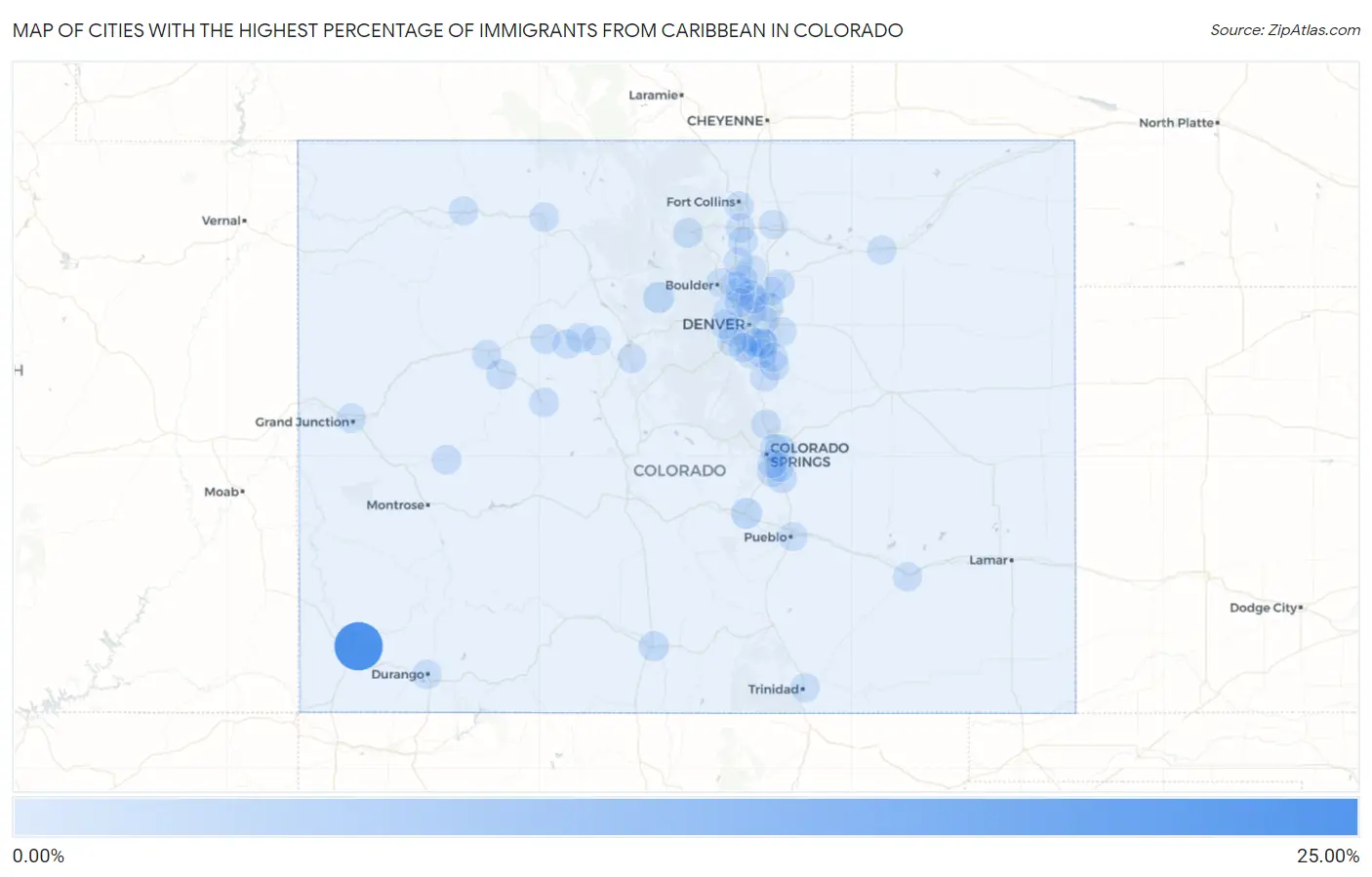 Cities with the Highest Percentage of Immigrants from Caribbean in Colorado Map