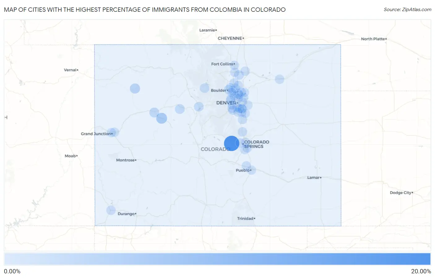 Cities with the Highest Percentage of Immigrants from Colombia in Colorado Map