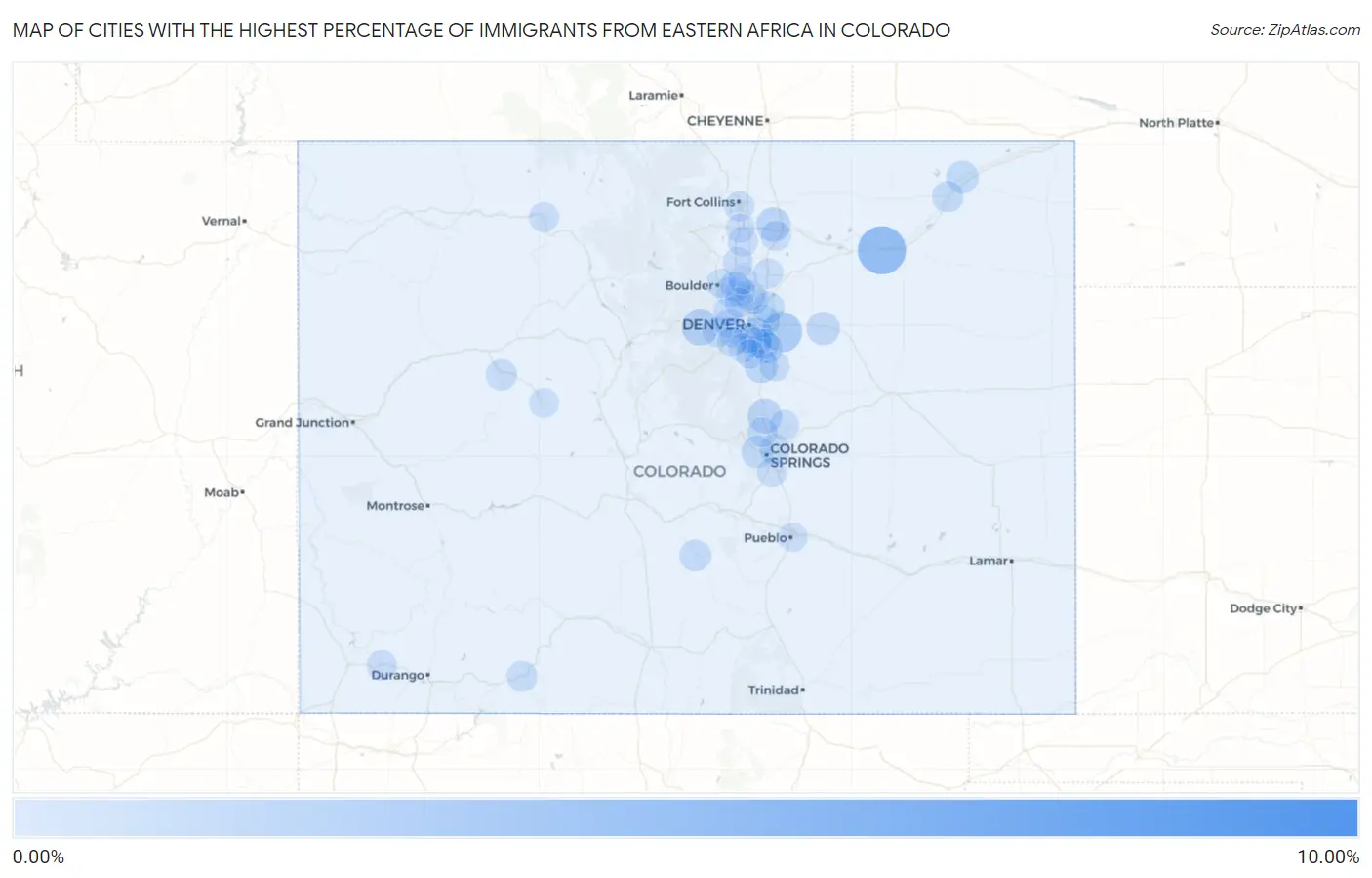 Cities with the Highest Percentage of Immigrants from Eastern Africa in Colorado Map