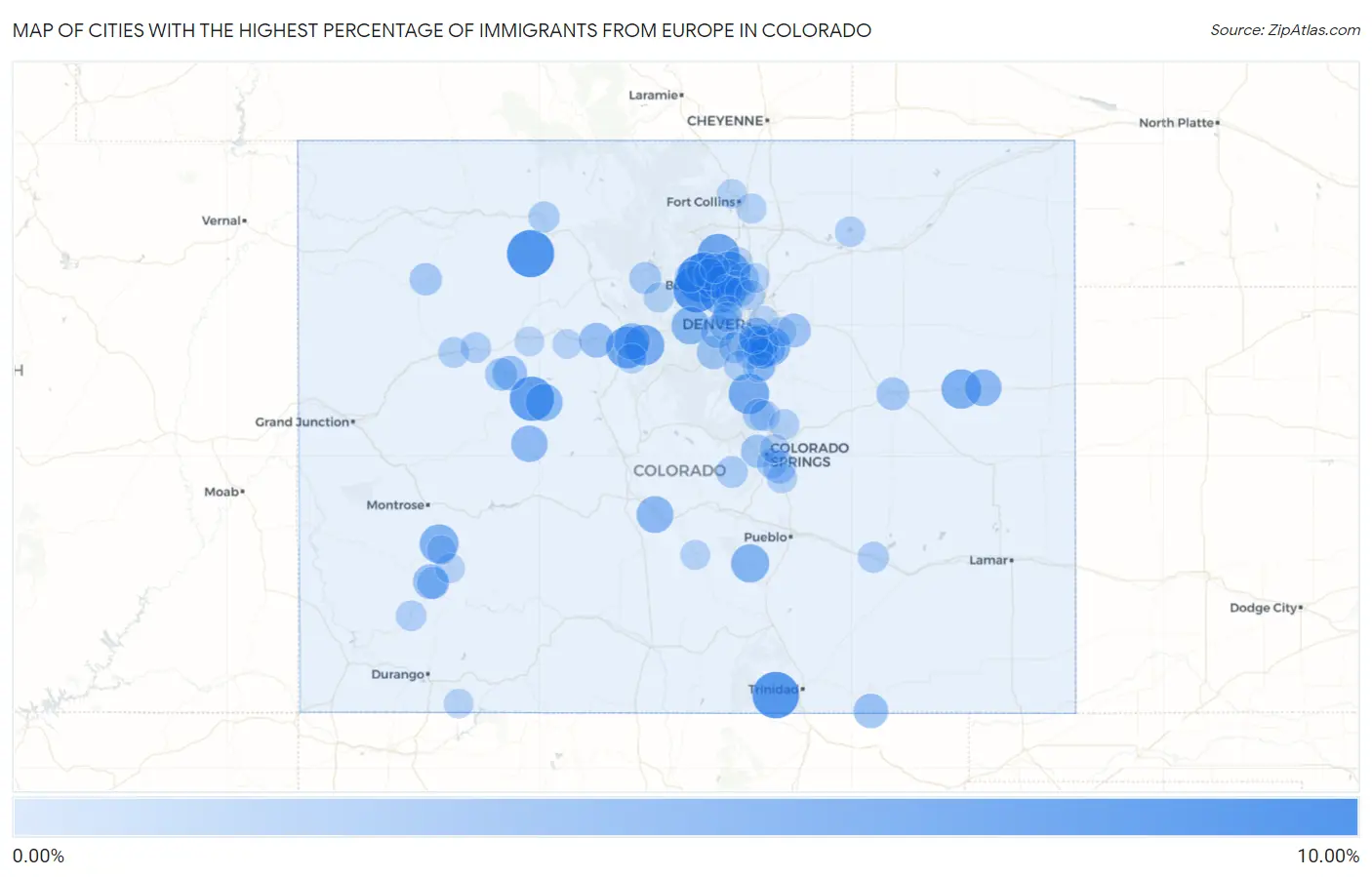 Cities with the Highest Percentage of Immigrants from Europe in Colorado Map