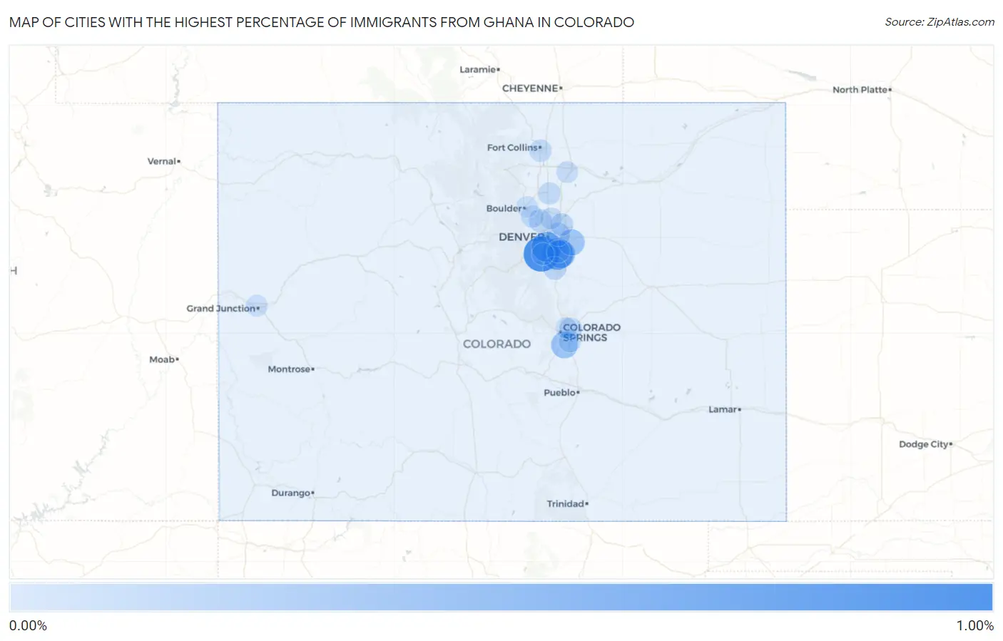 Cities with the Highest Percentage of Immigrants from Ghana in Colorado Map
