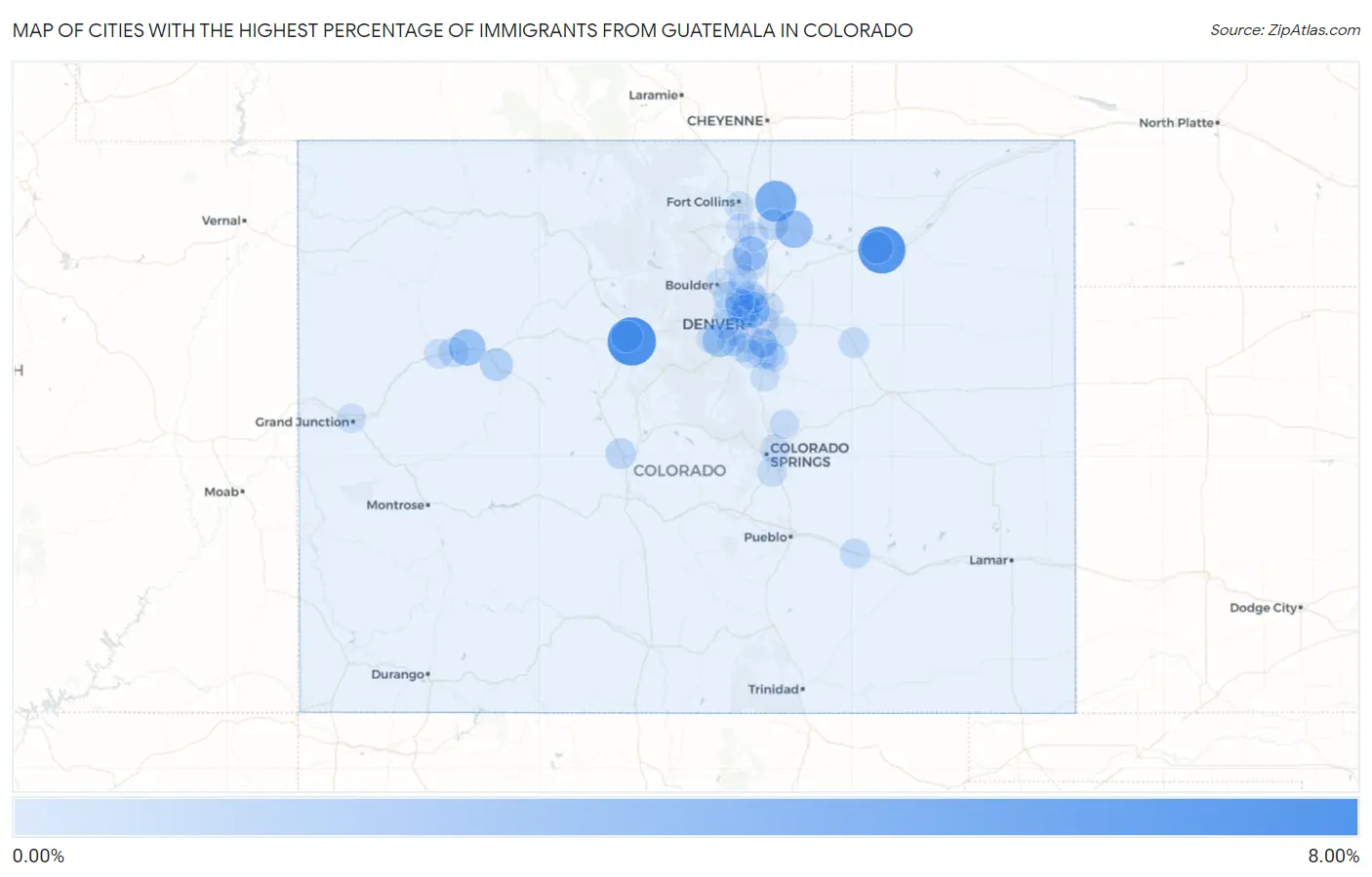 Cities with the Highest Percentage of Immigrants from Guatemala in Colorado Map