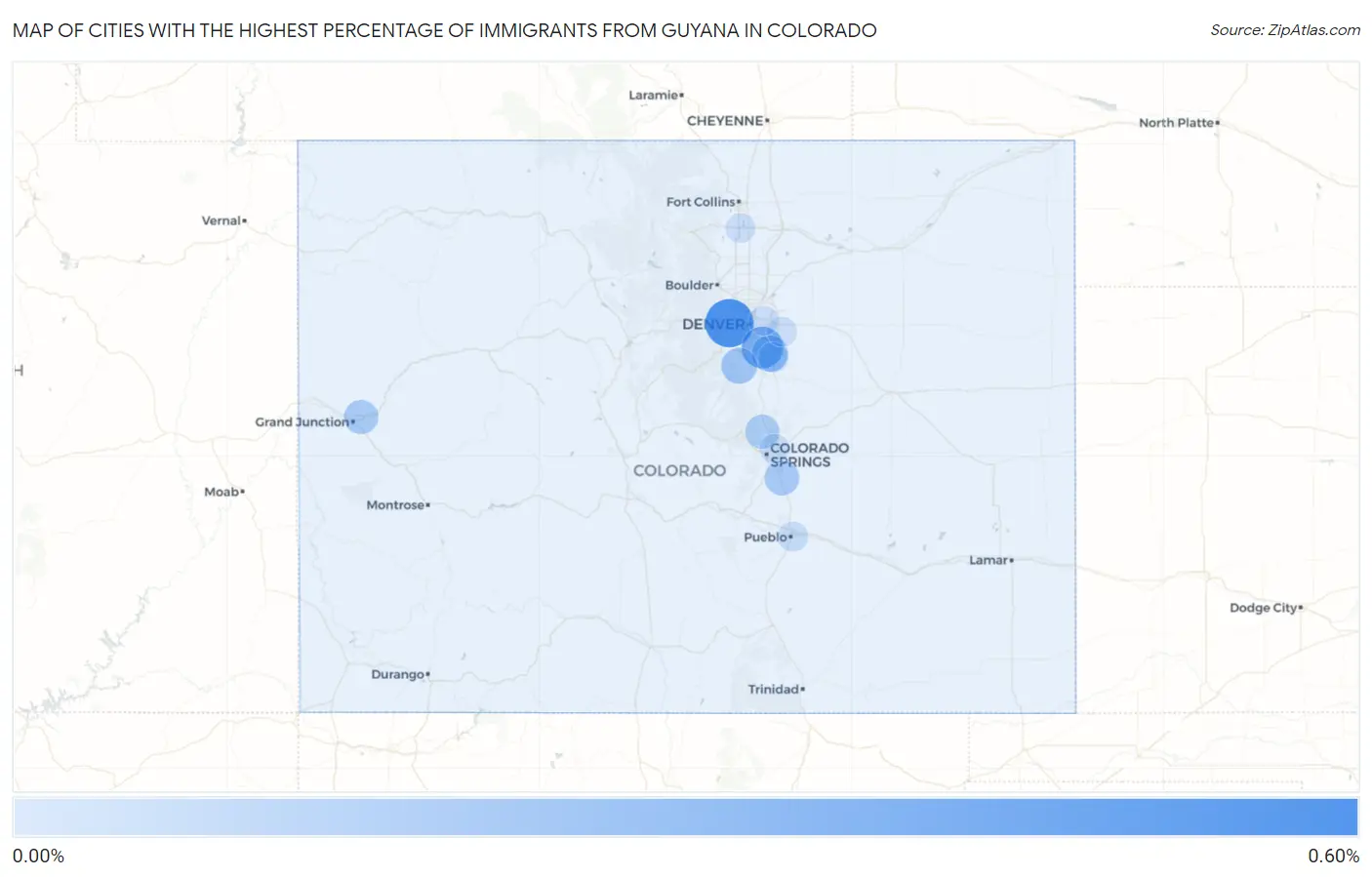 Cities with the Highest Percentage of Immigrants from Guyana in Colorado Map