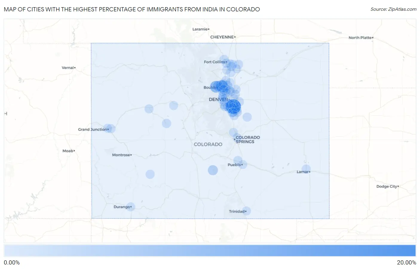 Cities with the Highest Percentage of Immigrants from India in Colorado Map