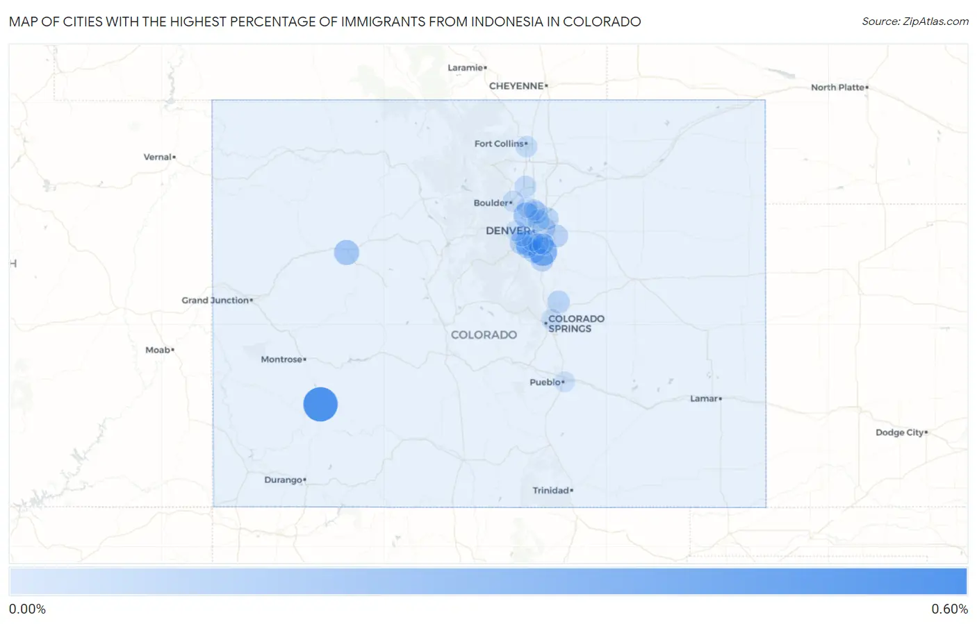 Cities with the Highest Percentage of Immigrants from Indonesia in Colorado Map