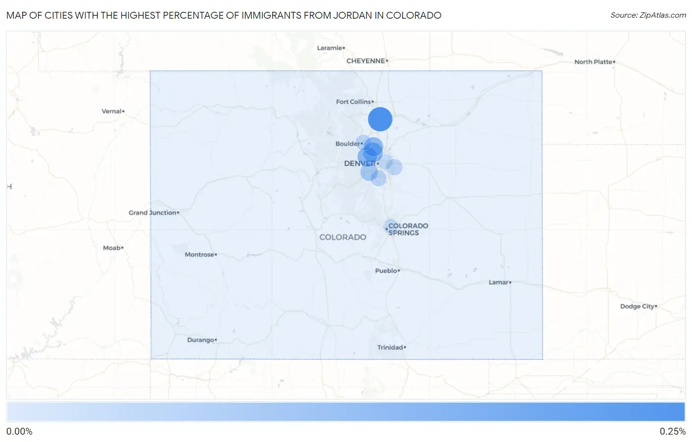 Cities with the Highest Percentage of Immigrants from Jordan in Colorado Map