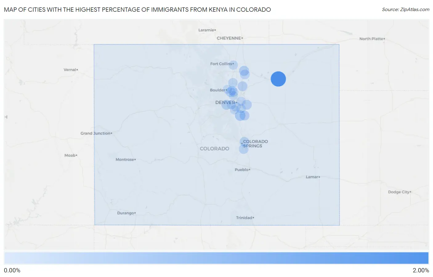 Cities with the Highest Percentage of Immigrants from Kenya in Colorado Map