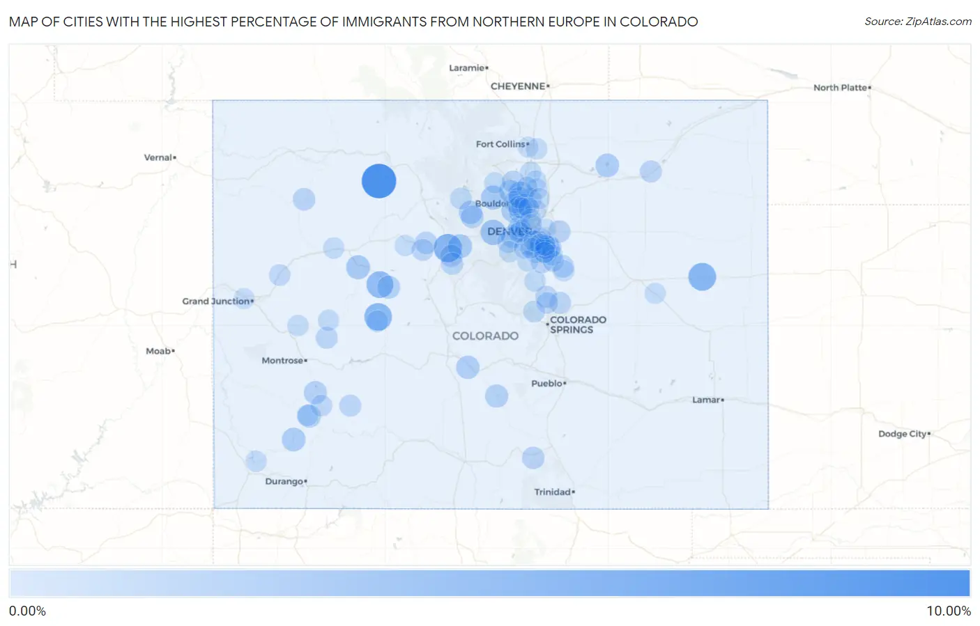 Cities with the Highest Percentage of Immigrants from Northern Europe in Colorado Map