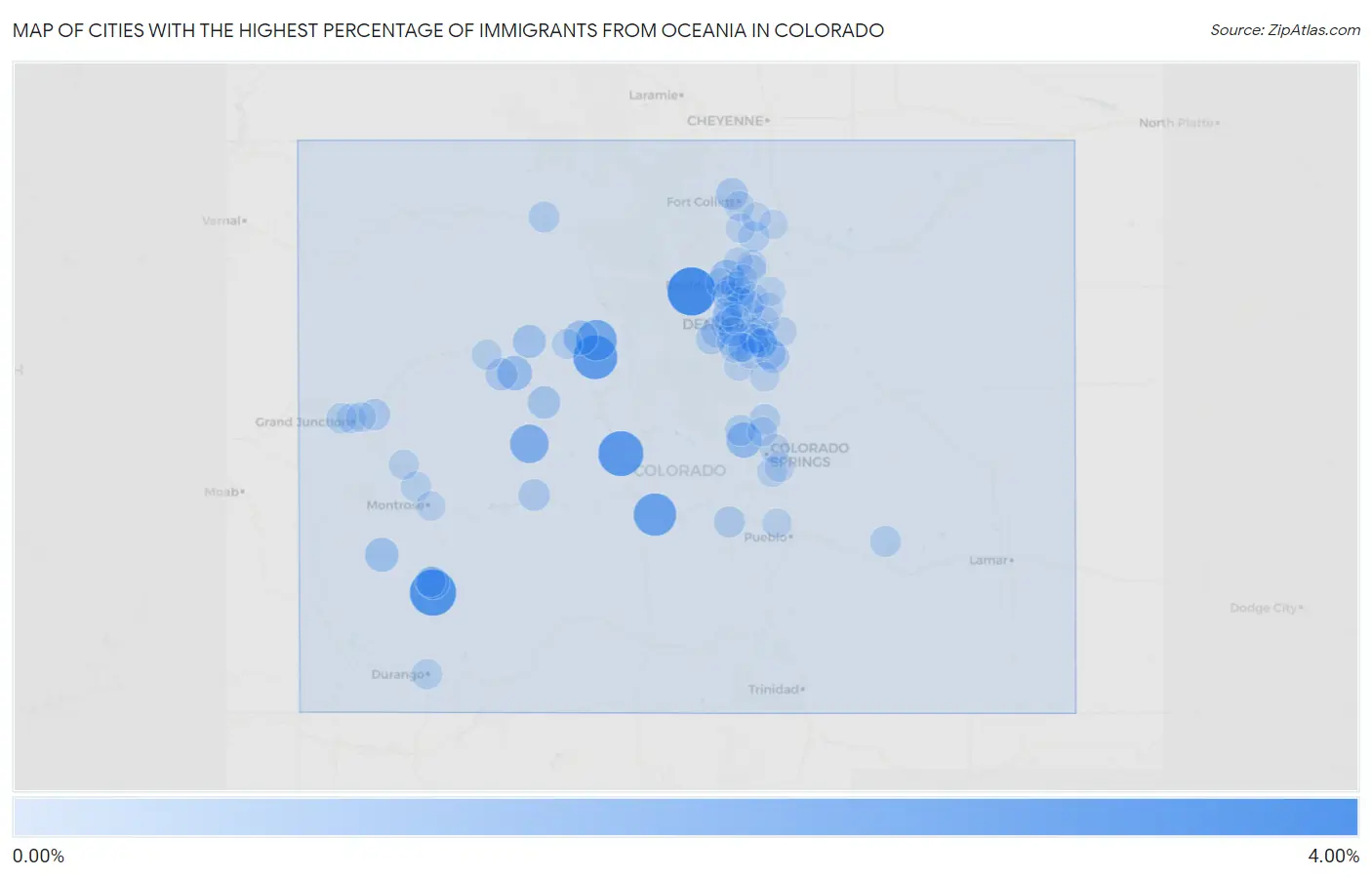 Cities with the Highest Percentage of Immigrants from Oceania in Colorado Map