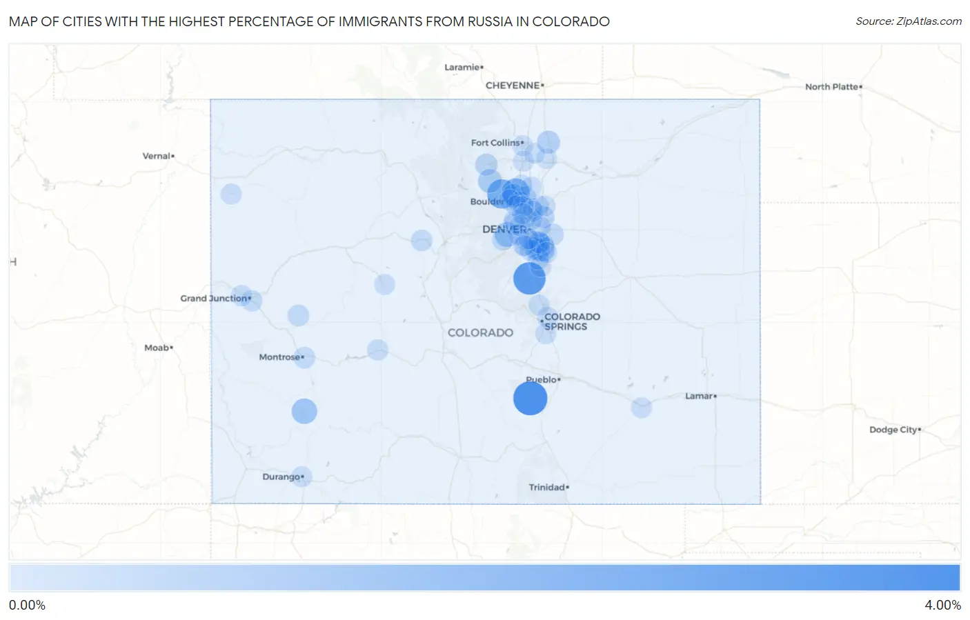 Cities with the Highest Percentage of Immigrants from Russia in Colorado Map